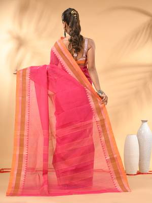 Pink bengal tant pure cotton saree with yellow border 3
