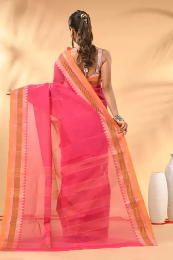 Pink bengal tant pure cotton saree with yellow border