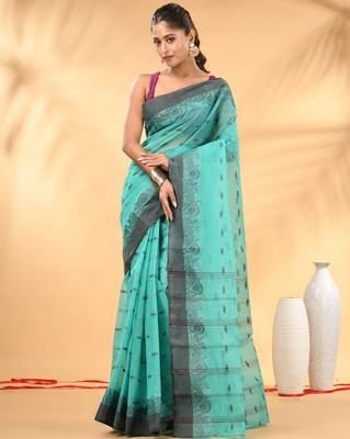 Mint green tant pure cotton saree with charcoal woven border 1