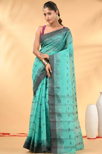 Mint green tant pure cotton saree with charcoal woven border