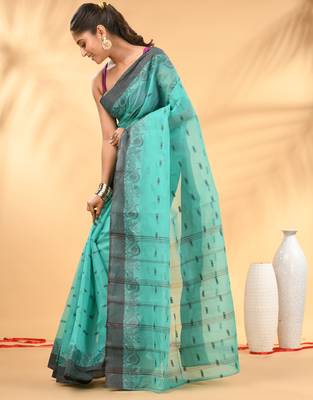 Mint green tant pure cotton saree with charcoal woven border 2