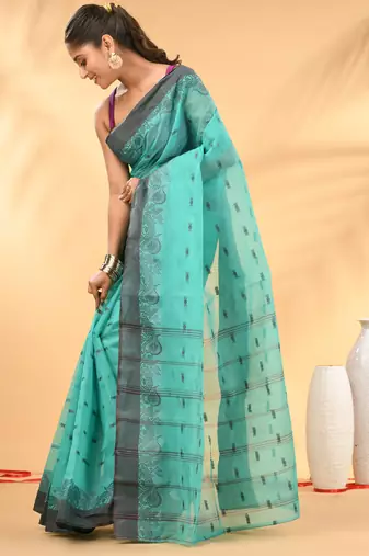 Mint green tant pure cotton saree with charcoal woven border