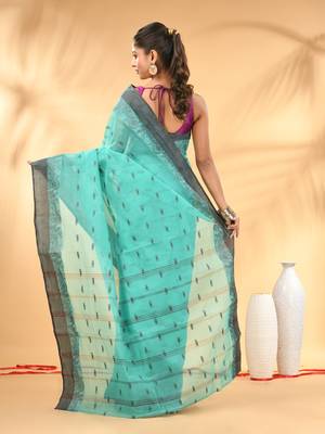 Mint green tant pure cotton saree with charcoal woven border 3