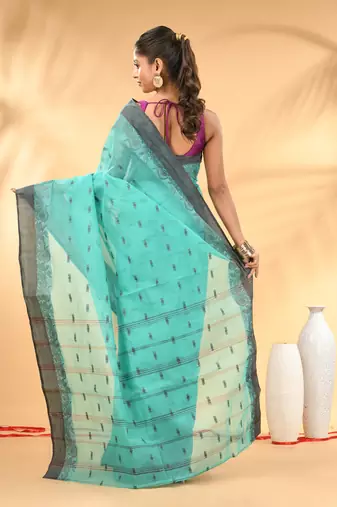 Mint green tant pure cotton saree with charcoal woven border