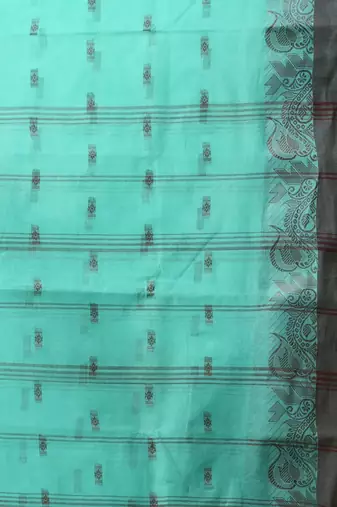 Mint green tant pure cotton saree with charcoal woven border