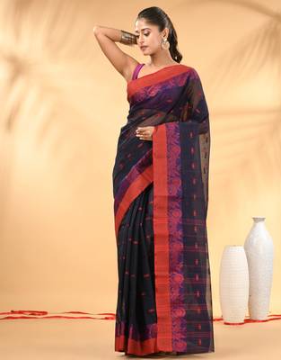 Midnight blue tant pure cotton saree with magenta woven border 1