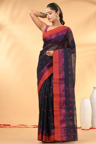 Midnight blue tant pure cotton saree with magenta woven border