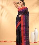 Midnight blue tant pure cotton saree with magenta woven border