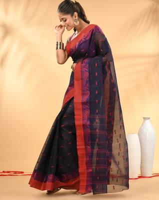 Midnight blue tant pure cotton saree with magenta woven border 2