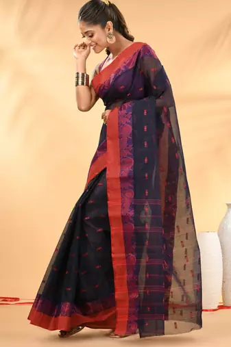 Midnight blue tant pure cotton saree with magenta woven border