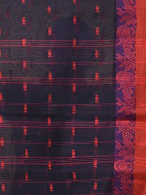 Midnight blue tant pure cotton saree with magenta woven border 4
