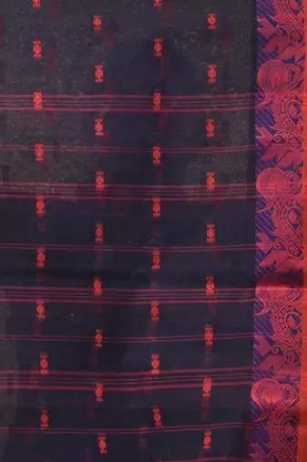 Midnight blue tant pure cotton saree with magenta woven border