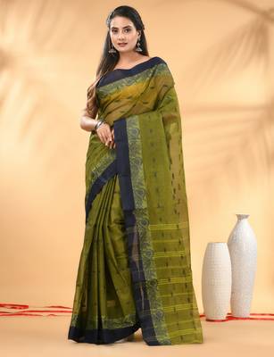 Olive green tant pure cotton saree with navy blue woven border 1