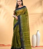 Olive green tant pure cotton saree with navy blue woven border