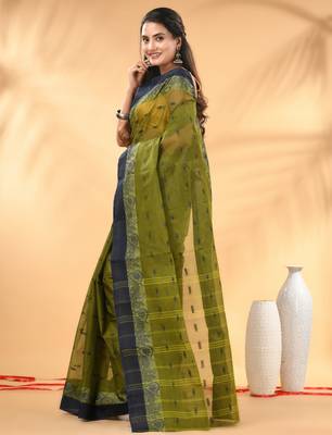 Olive green tant pure cotton saree with navy blue woven border 2
