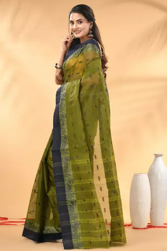 Olive green tant pure cotton saree with navy blue woven border