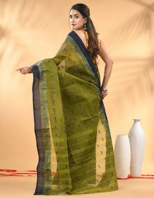 Olive green tant pure cotton saree with navy blue woven border 3