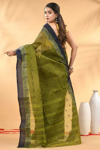 Olive green tant pure cotton saree with navy blue woven border