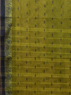 Olive green tant pure cotton saree with navy blue woven border 4