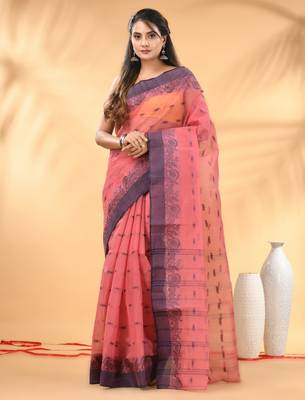 Peach pink tant pure cotton saree with violet woven border 1
