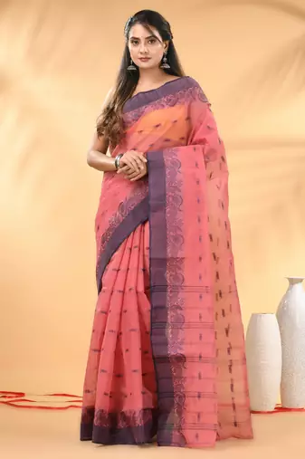 Peach pink tant pure cotton saree with violet woven border