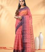 Peach pink tant pure cotton saree with violet woven border