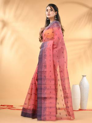 Peach pink tant pure cotton saree with violet woven border 2