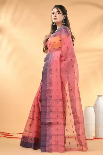 Peach pink tant pure cotton saree with violet woven border
