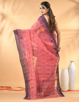 Peach pink tant pure cotton saree with violet woven border 3