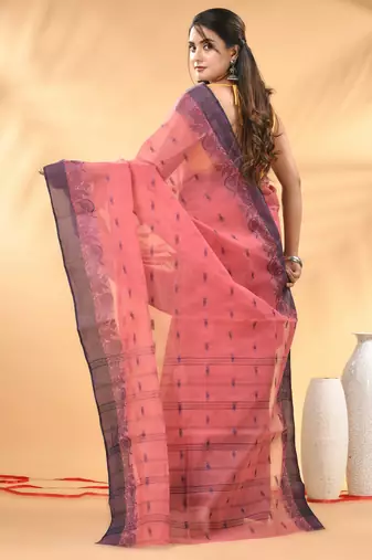 Peach pink tant pure cotton saree with violet woven border