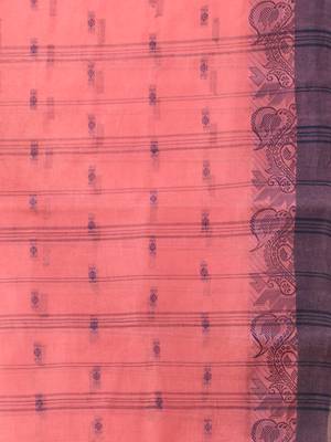 Peach pink tant pure cotton saree with violet woven border 4