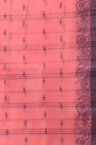 Peach pink tant pure cotton saree with violet woven border