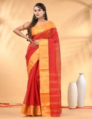 Red tant pure cotton saree with zari border 1