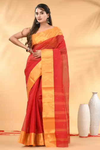 Red tant pure cotton saree with zari border