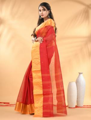 Red tant pure cotton saree with zari border 2