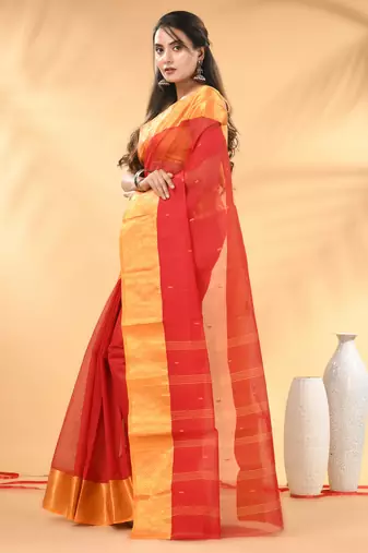Red tant pure cotton saree with zari border