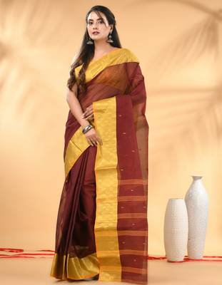 Maroon tant pure cotton saree with zari border 1