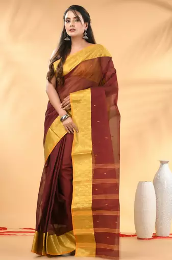 Maroon tant pure cotton saree with zari border