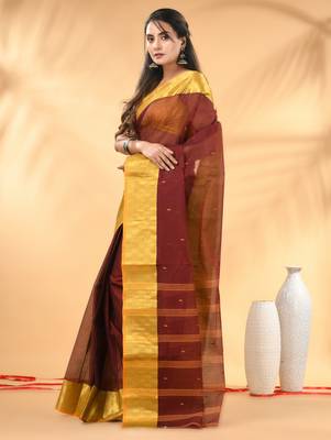 Maroon tant pure cotton saree with zari border 2