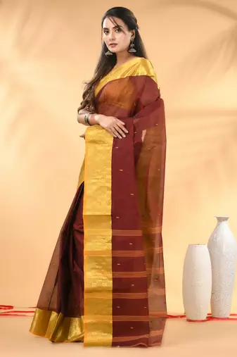 Maroon tant pure cotton saree with zari border