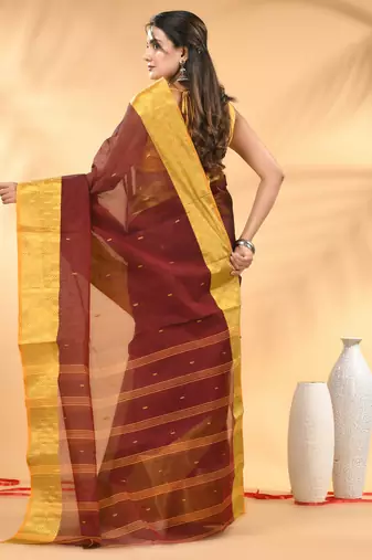 Maroon tant pure cotton saree with zari border