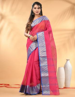 Pink tant pure cotton saree with zari border 1