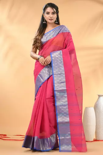 Pink tant pure cotton saree with zari border