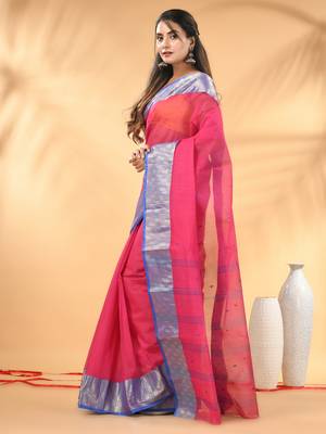 Pink tant pure cotton saree with zari border 2