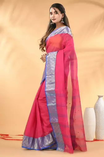 Pink tant pure cotton saree with zari border