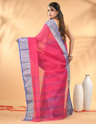 Pink tant pure cotton saree with zari border 3