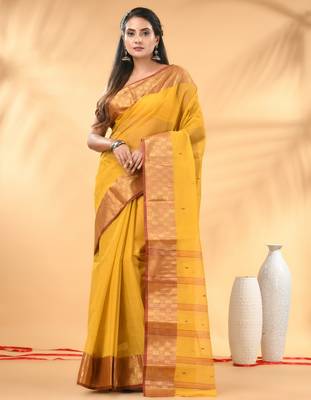 Yellow tant pure cotton saree with zari border 1