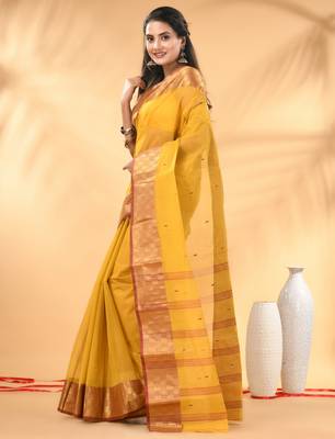 Yellow tant pure cotton saree with zari border 2