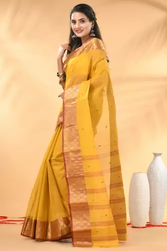 Yellow tant pure cotton saree with zari border
