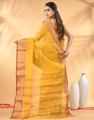 Yellow tant pure cotton saree with zari border 3